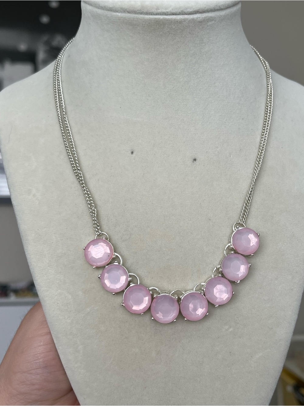 Liz Claiborne Pink Silver Tonne necklace signed LC